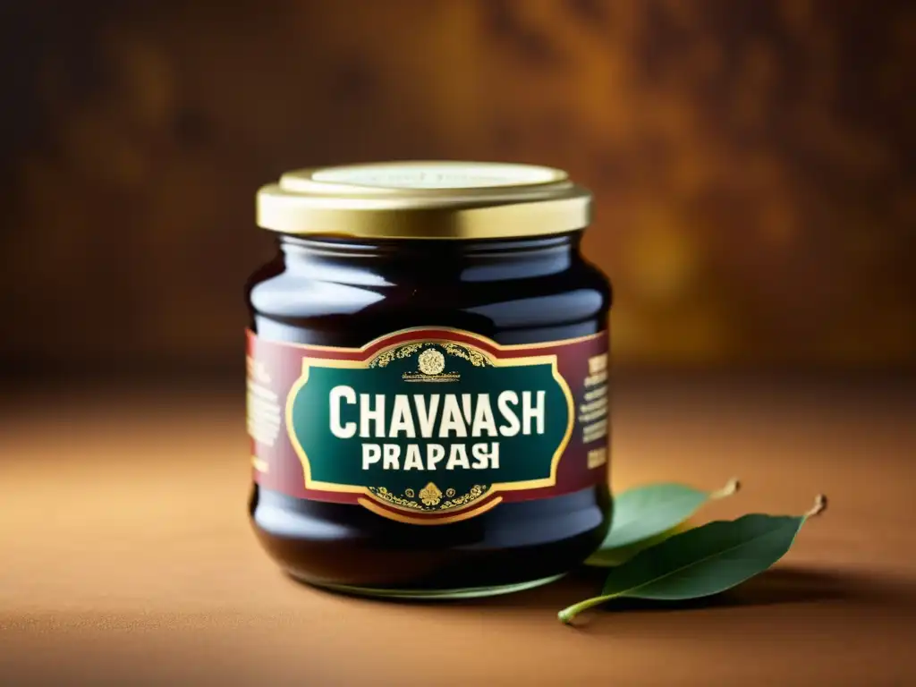 Un frasco vintage lleno de Chyawanprash, destacando su textura pegajosa y color terroso