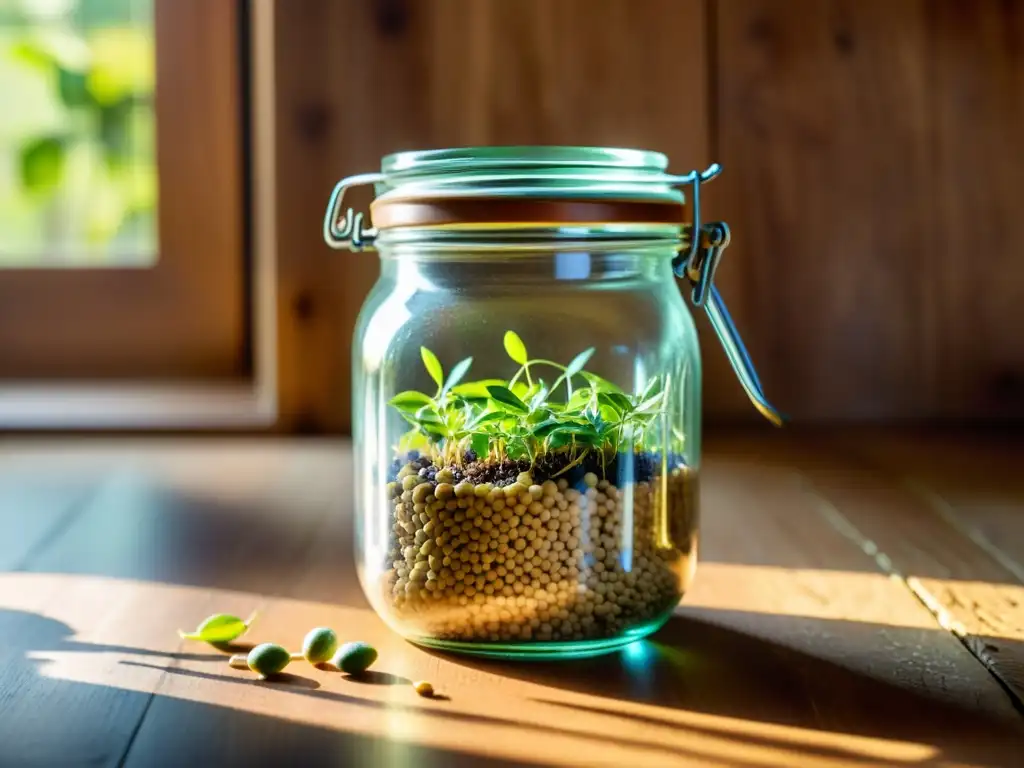 Un frasco vintage de vidrio lleno de semillas y legumbres germinadas coloridas, iluminado por la cálida luz del sol