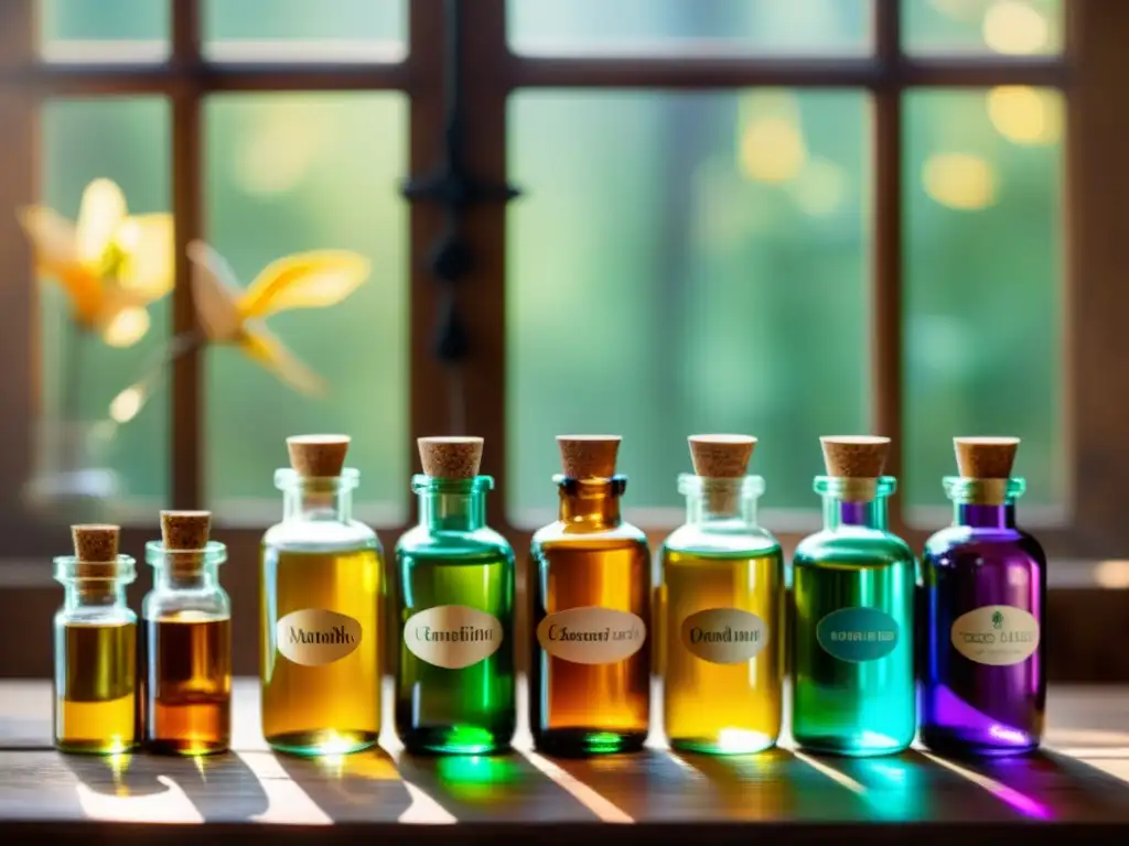 Botellas vintage de aceites esenciales en mesa de madera Varios frascos de vidrio con aceites esenciales coloridos sobre una mesa de madera rústica, combinando aceites esenciales para potenciar beneficios