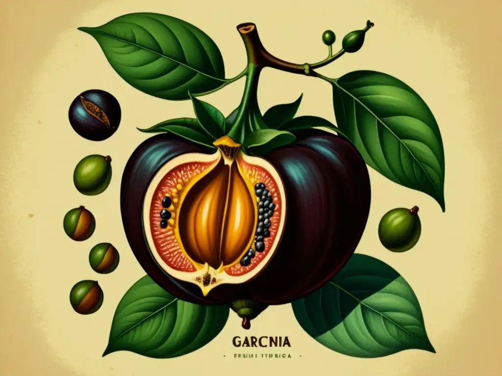 Vintage ilustración de la fruta Garcinia Cambogia, con detalles botánicos y elegancia atemporal