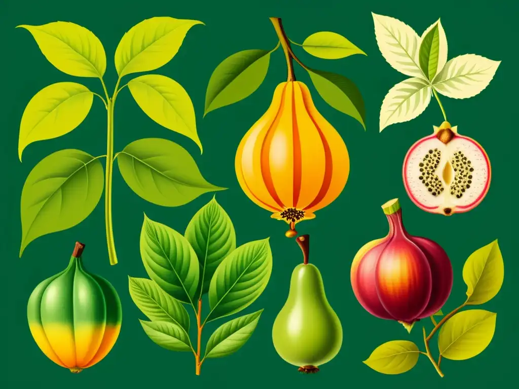 Una ilustración vintage de frutas exóticas y plantas, incluyendo Garcinia Cambogia, con detalles intrincados