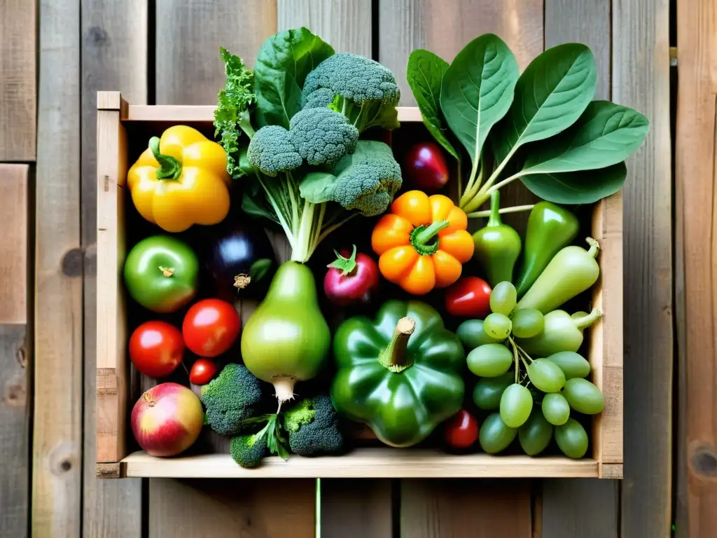 Una ilustración vintage de frutas y verduras coloridas en una caja de madera rústica, evocando la abundancia agrícola