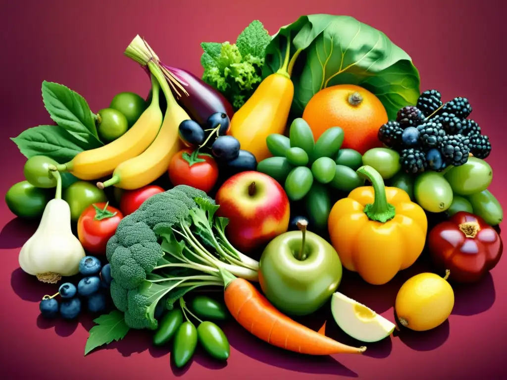 Una ilustración vintage de frutas y verduras en una cornucopia, con colores vibrantes y detalles intrincados