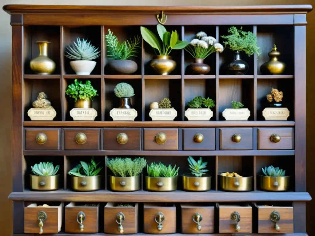 Un gabinete apotecario vintage lleno de hierbas y especímenes botánicos, evocando la medicina tradicional de diversas culturas