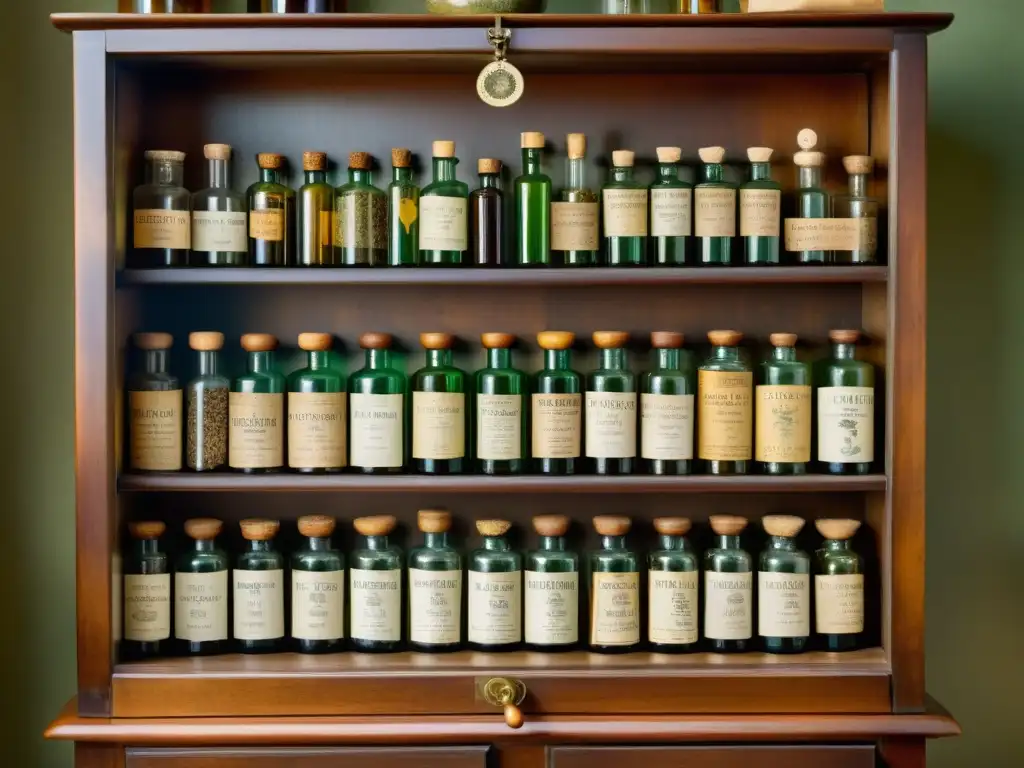 Un gabinete apotecario vintage rebosante de plantas medicinales, evocando la riqueza de la medicina tradicional y su impacto en la biodiversidad