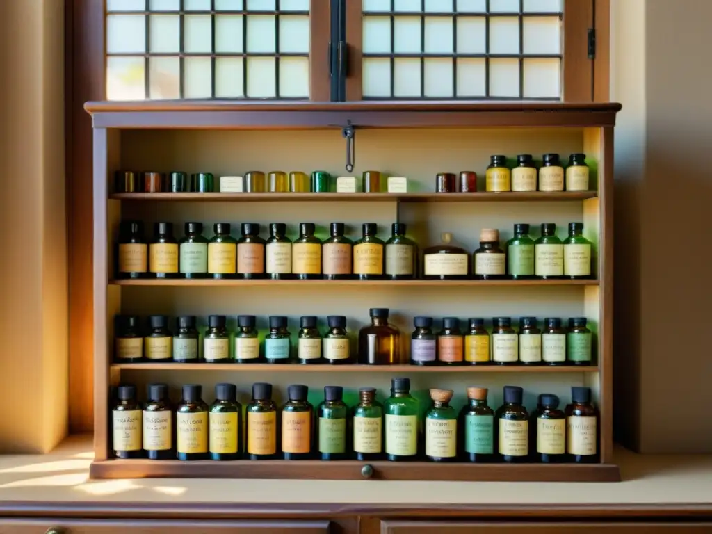 Un gabinete de boticario antiguo con botellas de vidrio llenas de aceites esenciales coloridos, iluminadas por la cálida luz de la tarde