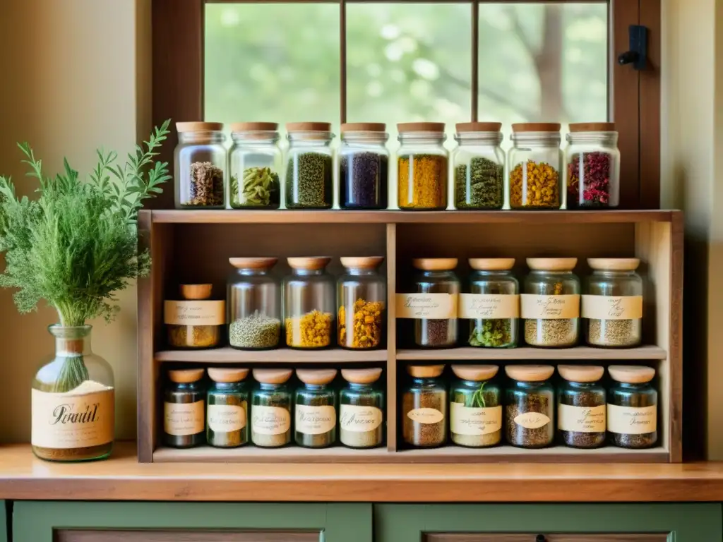 Un gabinete de boticario de madera lleno de frascos de hierbas y plantas medicinales coloridas, con etiquetas escritas a mano