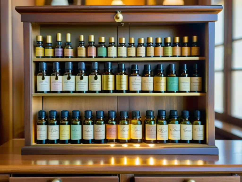 Armario vintage de botellas de aceites esenciales Un gabinete de boticario vintage con filas de botellas pequeñas etiquetadas, llenas de coloridos aceites esenciales