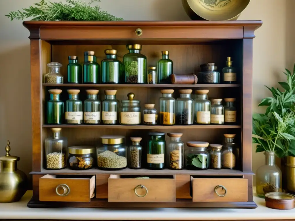 Un gabinete de boticario vintage lleno de botellas de vidrio, tarros y cajones de madera con hierbas secas y especímenes botánicos