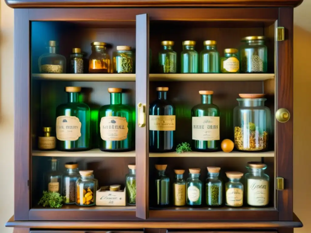 Un gabinete de boticario vintage rebosante de hierbas y plantas secas, iluminado por el cálido sol