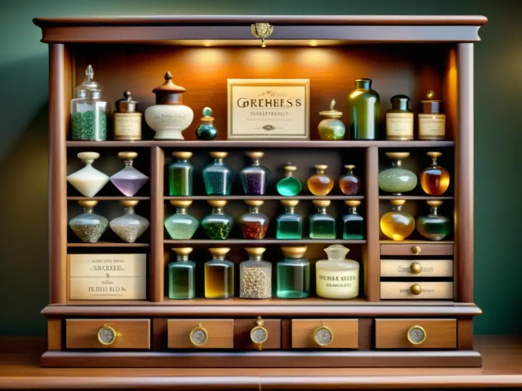 Un gabinete vintage de farmacia repleto de gemas y cristales, iluminado suavemente