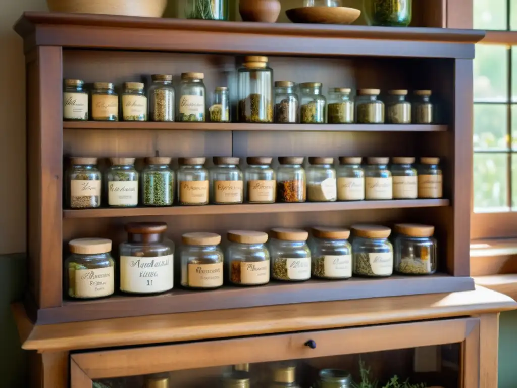 Un gabinete de farmacia vintage lleno de frascos de hierbas medicinales secas, organizados con cuidado