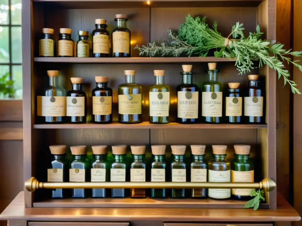 Un gabinete de botica vintage lleno de frascos de hierbas y tinturas, con etiquetas escritas a mano y un mortero de latón y mano en primer plano