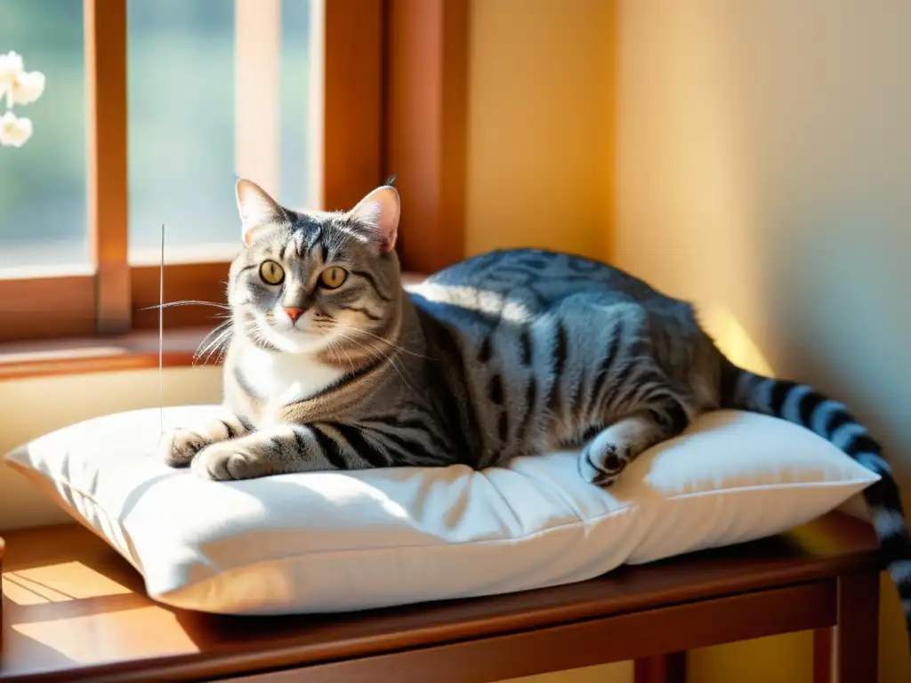 Un gato atigrado tranquilo recibe acupuntura en una habitación soleada