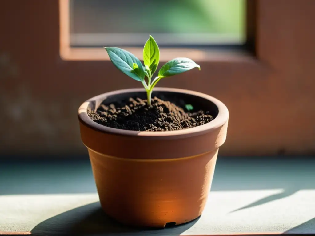 Germinación y madurez de hierbas medicinales en terracota vintage con tierra oscura y brote emergente, bañados por cálida luz solar