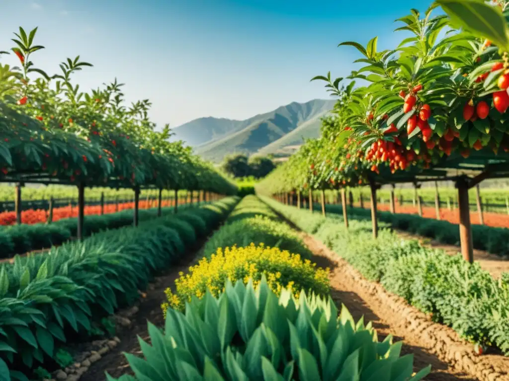 Una granja de bayas de goji exuberante y vintage con bayas rojas brillantes y hojas verdes profundas