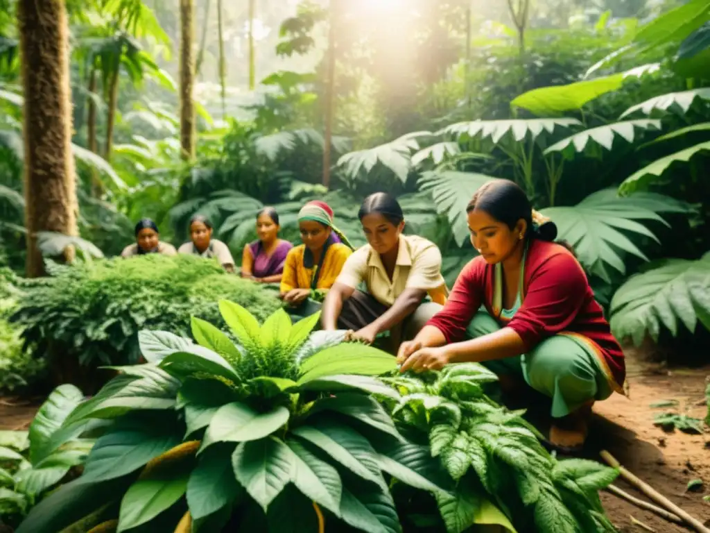 Un grupo de agricultores indígenas cosecha y empaca remedios naturales en un bosque exuberante, evocando el comercio ético de remedios naturales