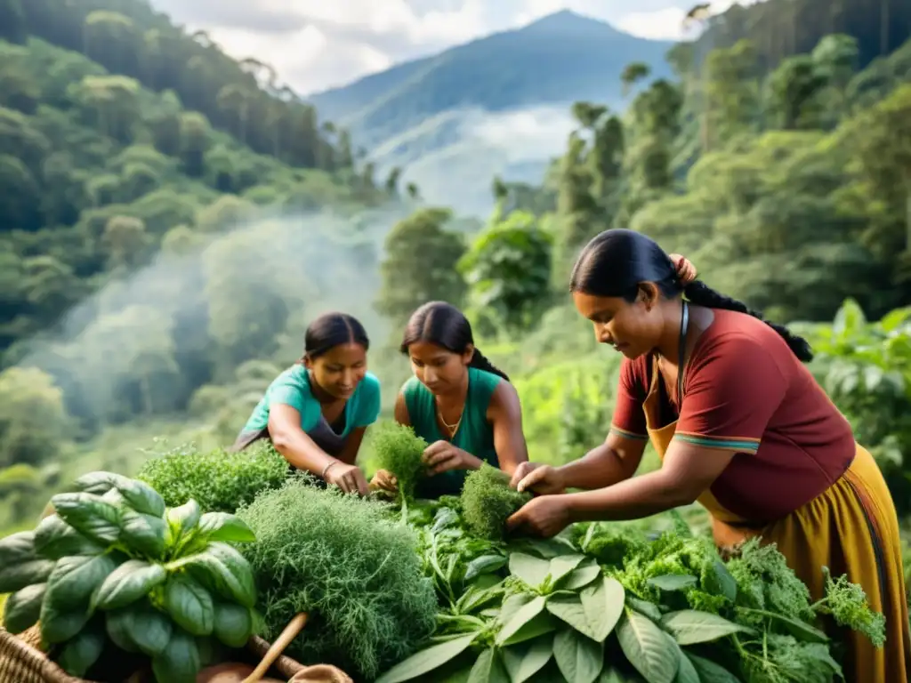 Un grupo de agricultores indígenas cosechando hierbas y plantas medicinales en un bosque exuberante, evocando el comercio ético de remedios naturales