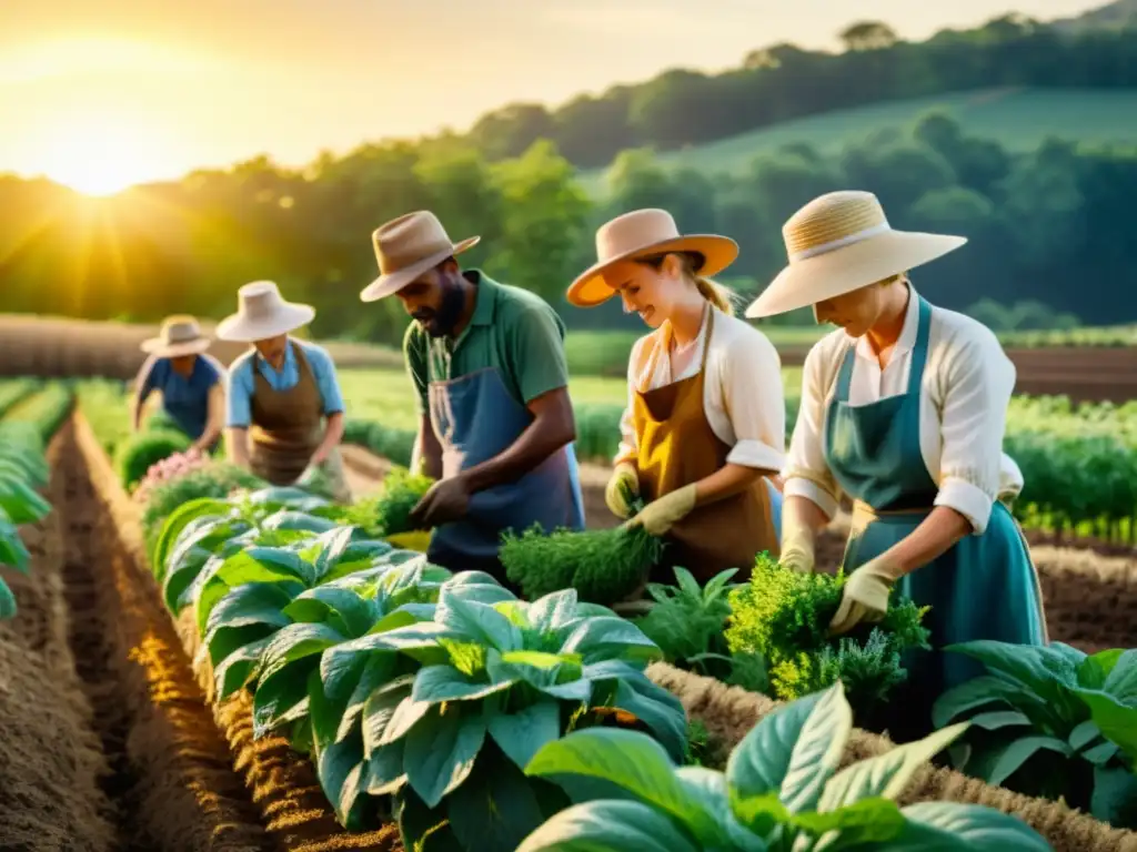 Un grupo de agricultores resilientes trabaja en un campo soleado y exuberante, cosechando plantas medicinales