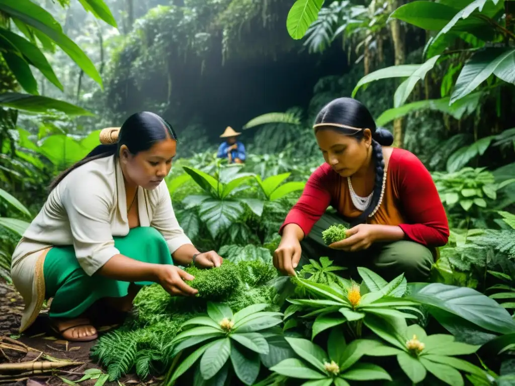 Un grupo de indígenas en la Amazonía selecciona hierbas medicinales con reverencia y conocimiento, mostrando su profunda conexión con la naturaleza y la rica tradición de la cultura indígena amazónica