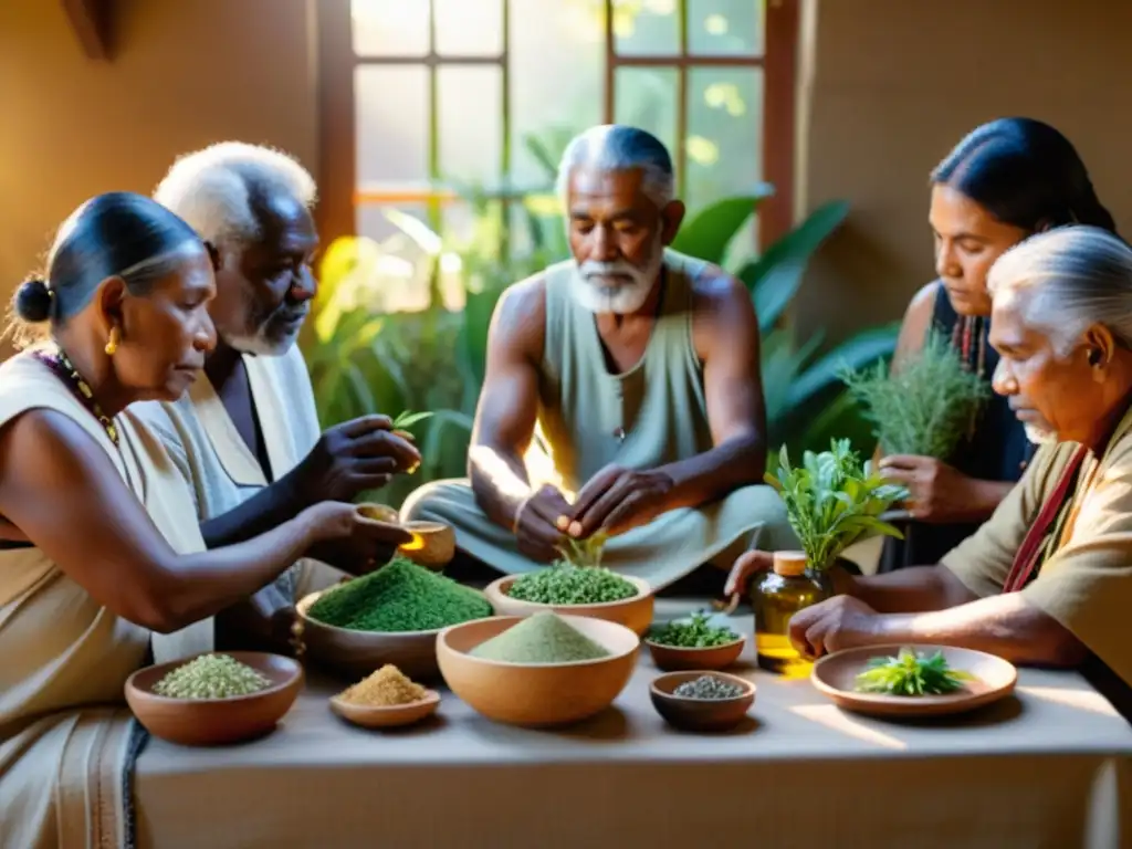 Un grupo de ancianos aborígenes australianos realiza un taller de medicina tradicional rodeado de plantas y hierbas