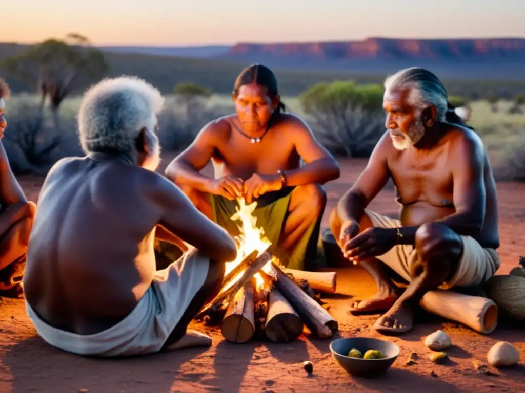 Grupo de ancianos aborígenes realizando una ceremonia de curación con plantas medicinales en el outback australiano, resaltando la medicina tradicional aborigen Australia