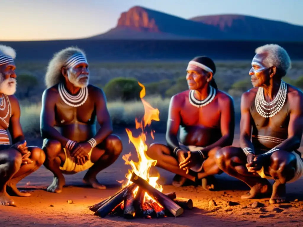 Un grupo de ancianos aborígenes realiza una danza curativa tradicional alrededor de una fogata en el outback australiano, con atuendos y pinturas corporales detalladas