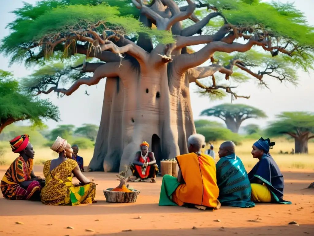 Un grupo de ancianos africanos realizando una ceremonia de sanación bajo un antiguo baobab, rodeados de hierbas