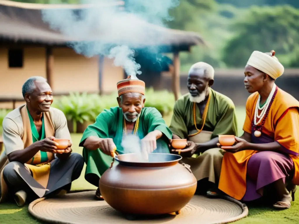 Un grupo de ancianos africanos se reúne alrededor de una gran olla en una ceremonia tradicional de té