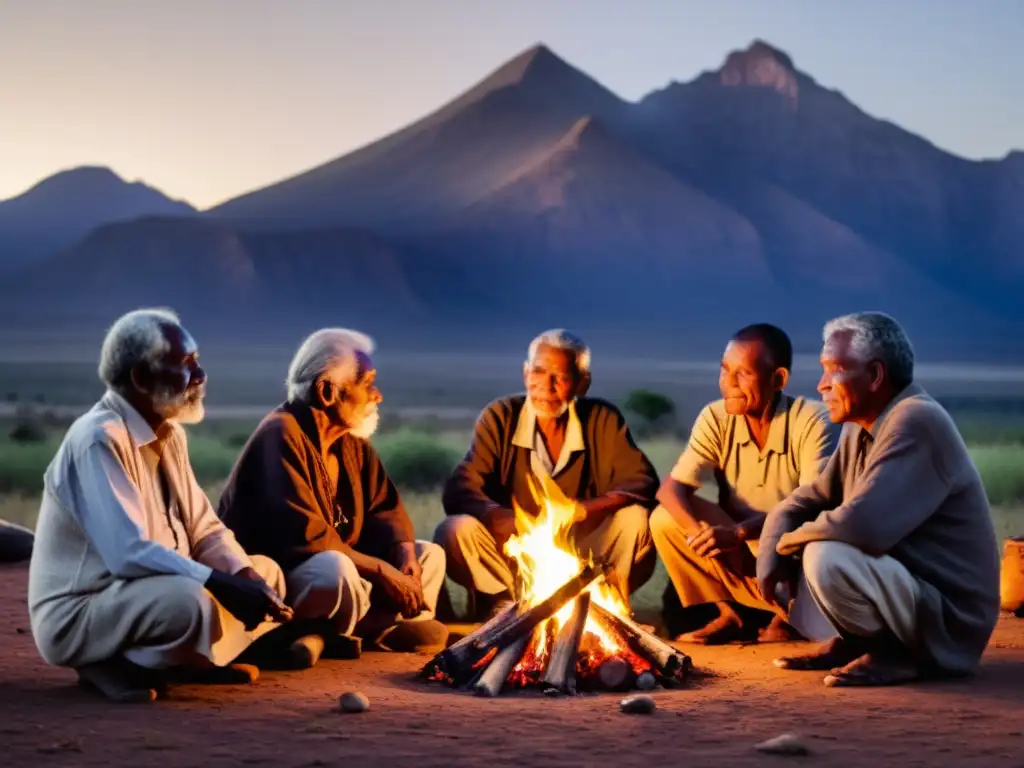 Grupo de ancianos de una comunidad tradicional en una fogata, transmitiendo conocimiento curativo de medicina tradicional