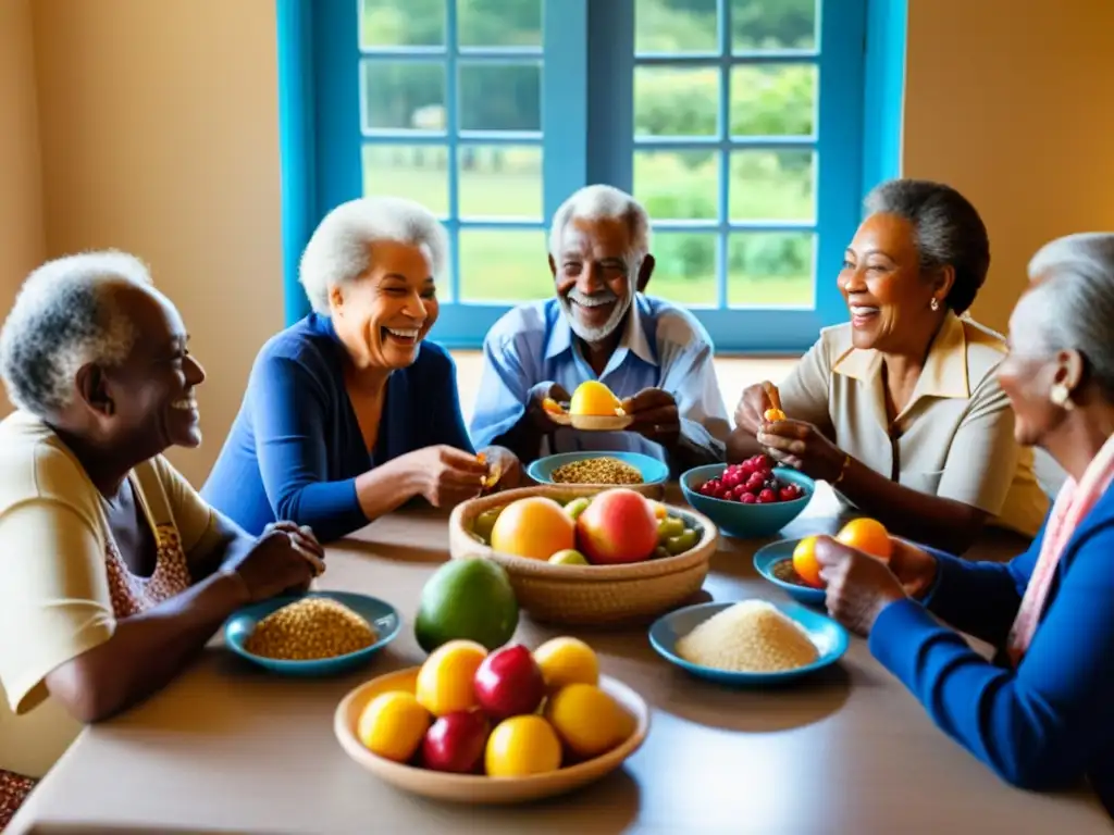 Un grupo de ancianos de una comunidad tradicional de la Zona Azul disfruta de una comida juntos, rodeados de frutas vibrantes y verduras frescas