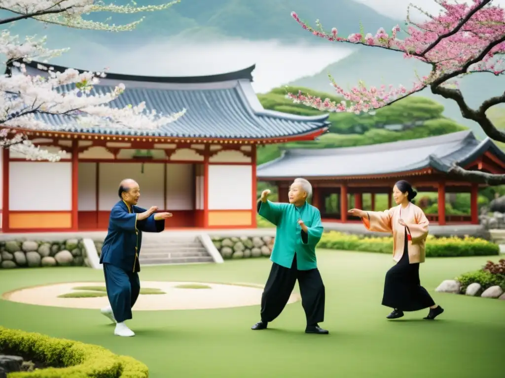 Un grupo de ancianos practica Tai Chi en un exuberante jardín okinawense, rodeado de arquitectura tradicional