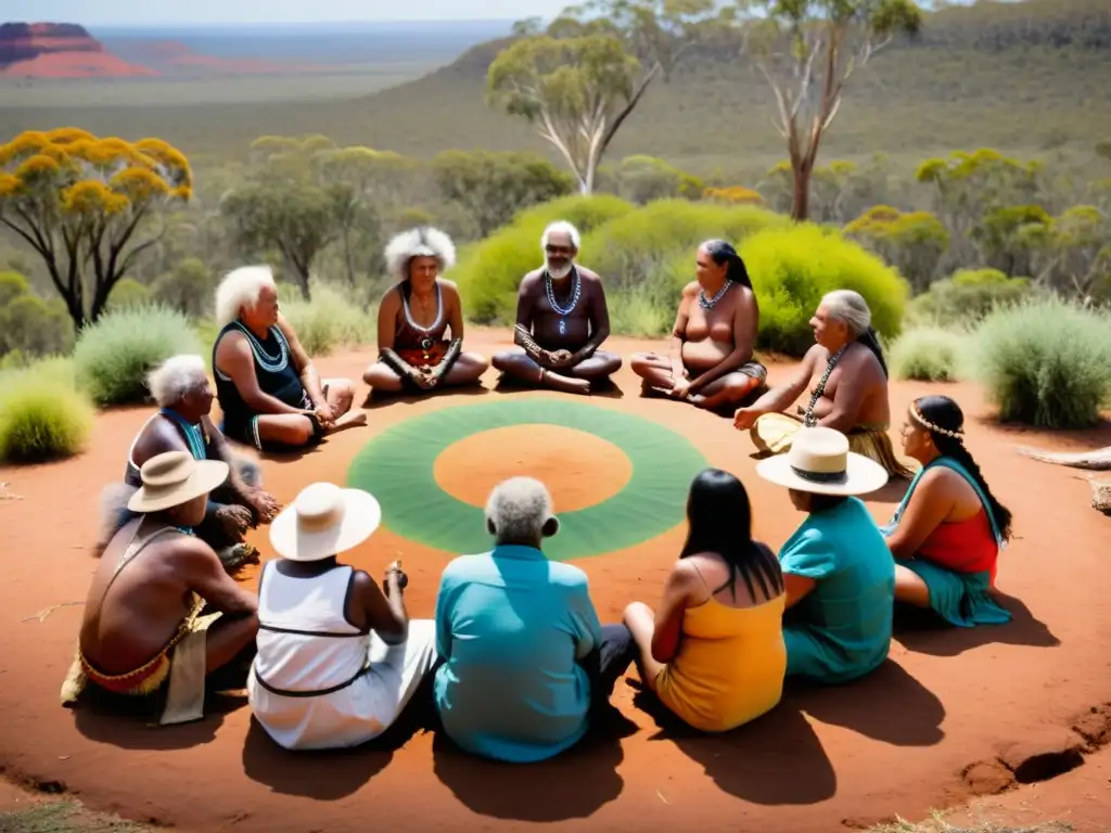 Un grupo de ancianos indígenas australianos se sientan en círculo, adornados con ropa y pintura corporal tradicional, rodeados de plantas medicinales