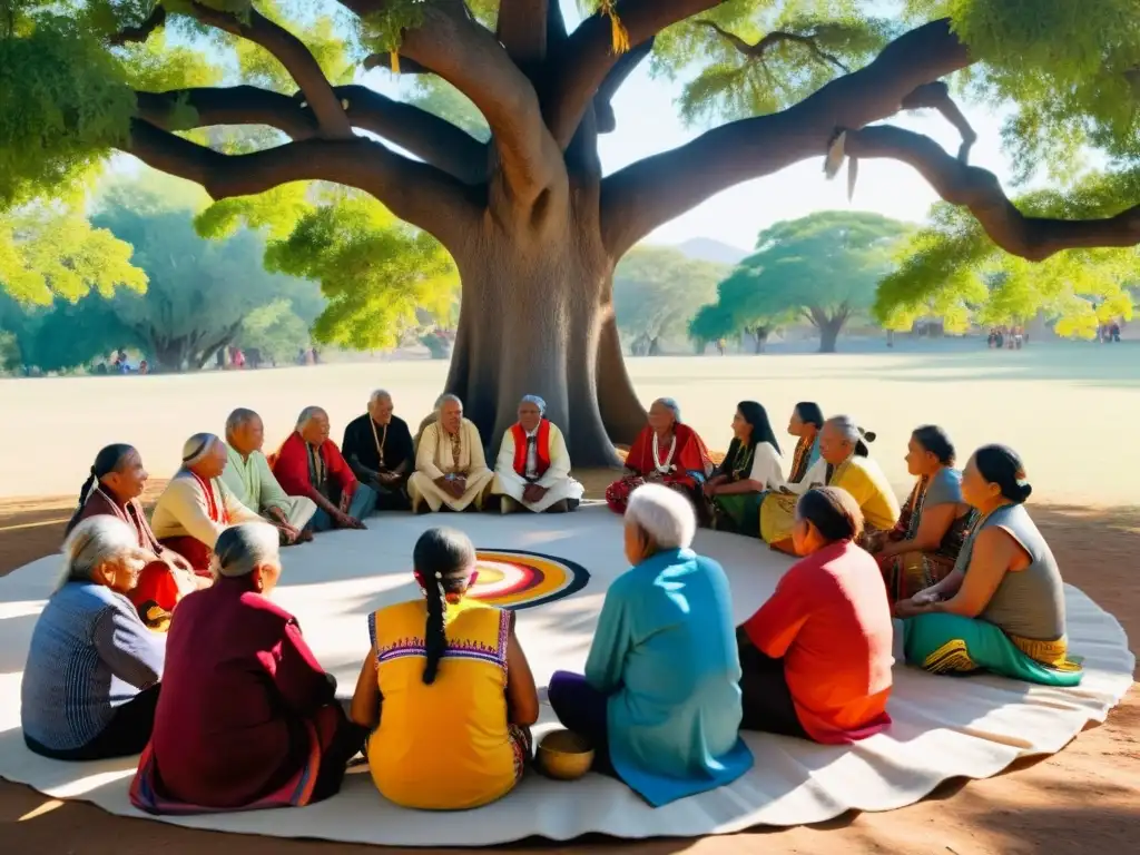 Grupo de ancianos indígenas en ceremonia bajo un árbol, irradiando sabiduría y tradición en una comunidad