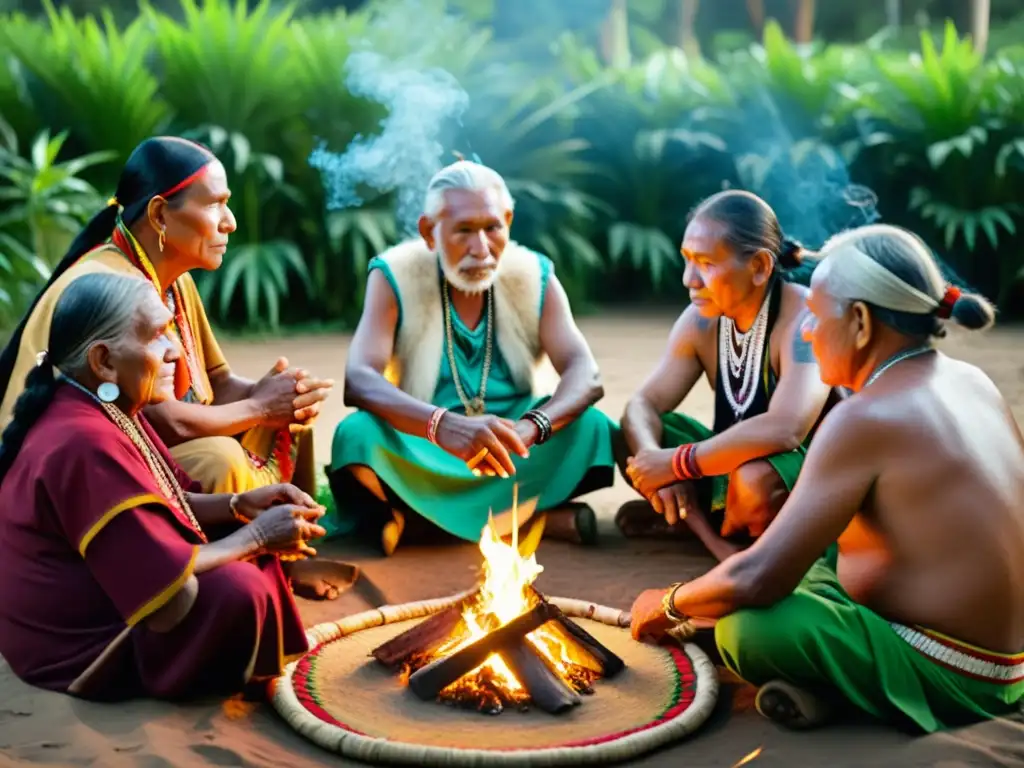 Grupo de ancianos indígenas en ritual, rodeados de naturaleza exuberante