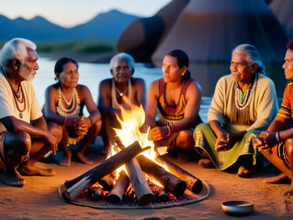 Grupo de ancianos y miembros de la comunidad aborigen reunidos alrededor de una fogata, participando en una ceremonia de curación tradicional