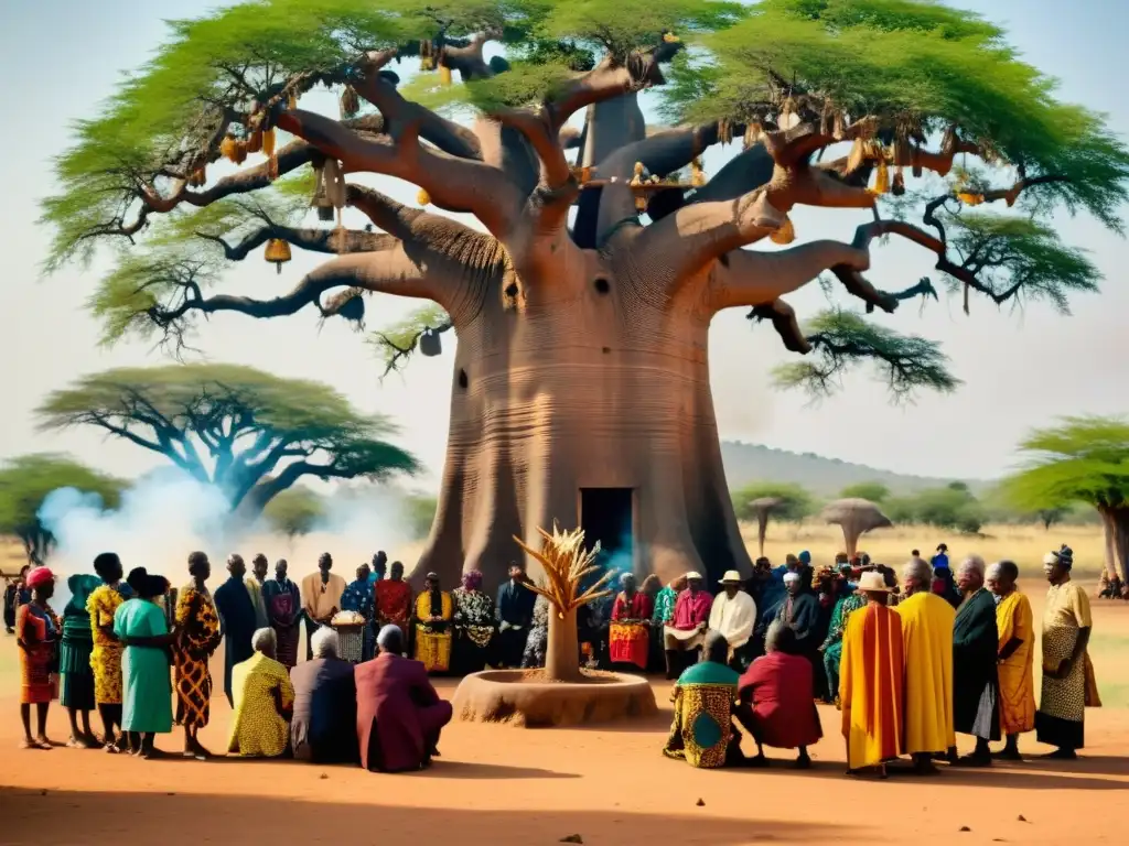 Grupo de ancianos y miembros de la comunidad participando en un ritual de muerte africano bajo un baobab, evocando una atmósfera mística y reverente