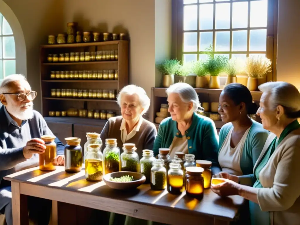 Un grupo de ancianos participa en un taller de nutrición en medicina tradicional, rodeados de hierbas secas y remedios caseros, escuchando con atención las sabias enseñanzas de un practicante de medicina tradicional