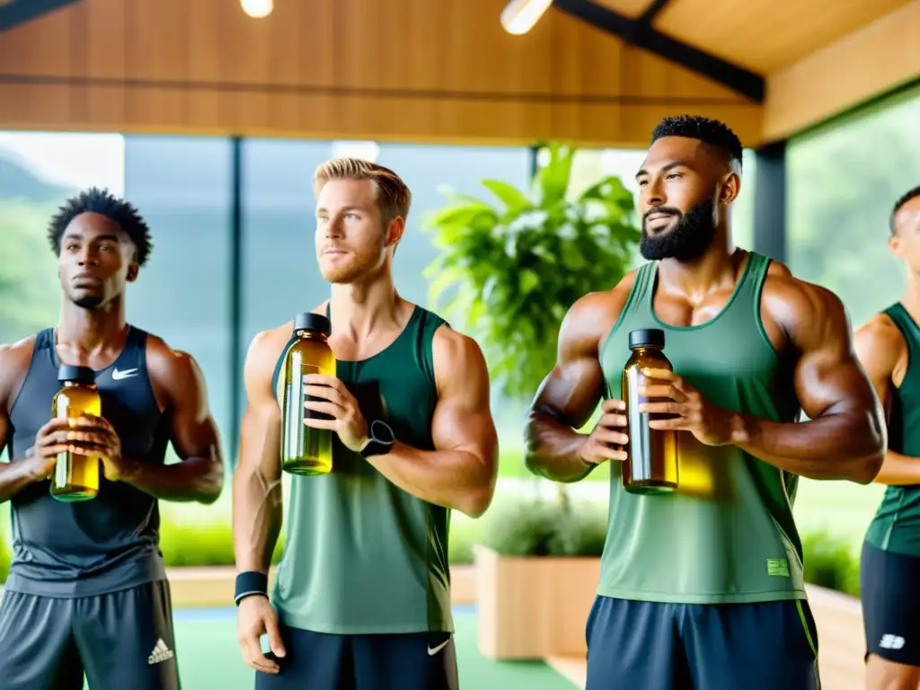 Un grupo de atletas en un moderno centro deportivo, disfrutando de tónicos herbales personalizados, rodeados de exuberante vegetación y luz natural