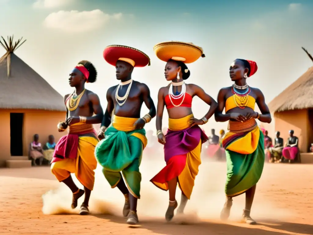 Grupo de bailarines africanos en trajes tradicionales, danzando en una plaza polvorienta