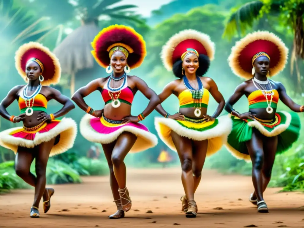Danza tradicional africana: energía y color en movimiento Grupo de bailarines africanos en vibrante danza tradicional, rodeados de exuberante vegetación y arte cultural