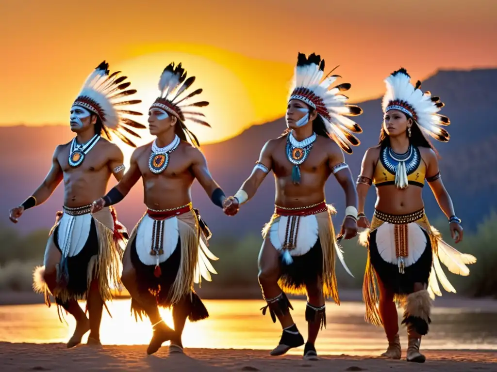 Grupo de bailarines nativos realizando la sagrada Danza del Sol ceremonia curativa al atardecer, con una atmósfera de reverencia y conexión espiritual