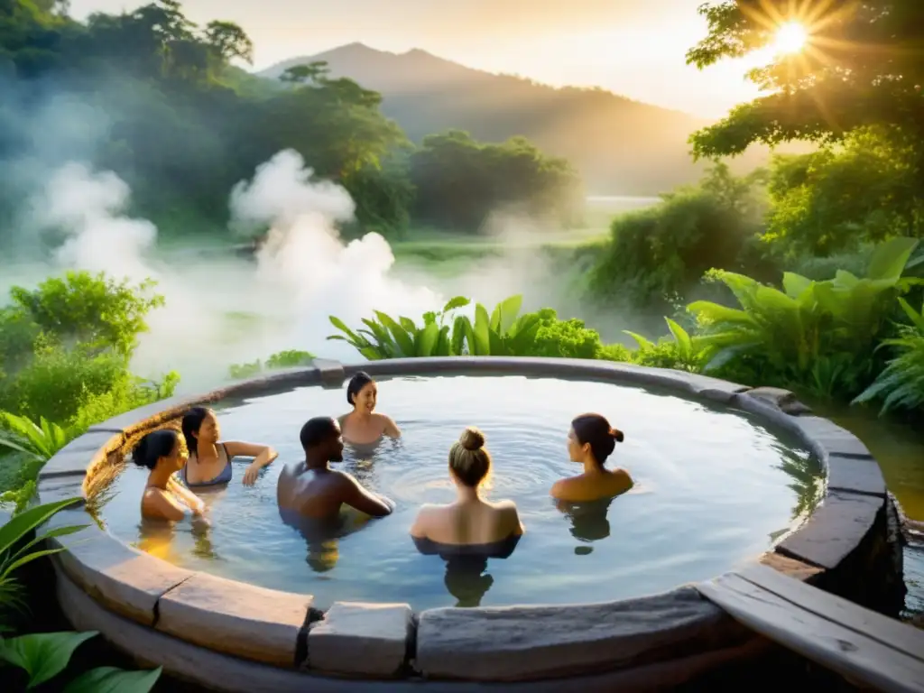 Grupo disfruta de los beneficios de aguas termales naturales en un tranquilo manantial rodeado de naturaleza exuberante al atardecer