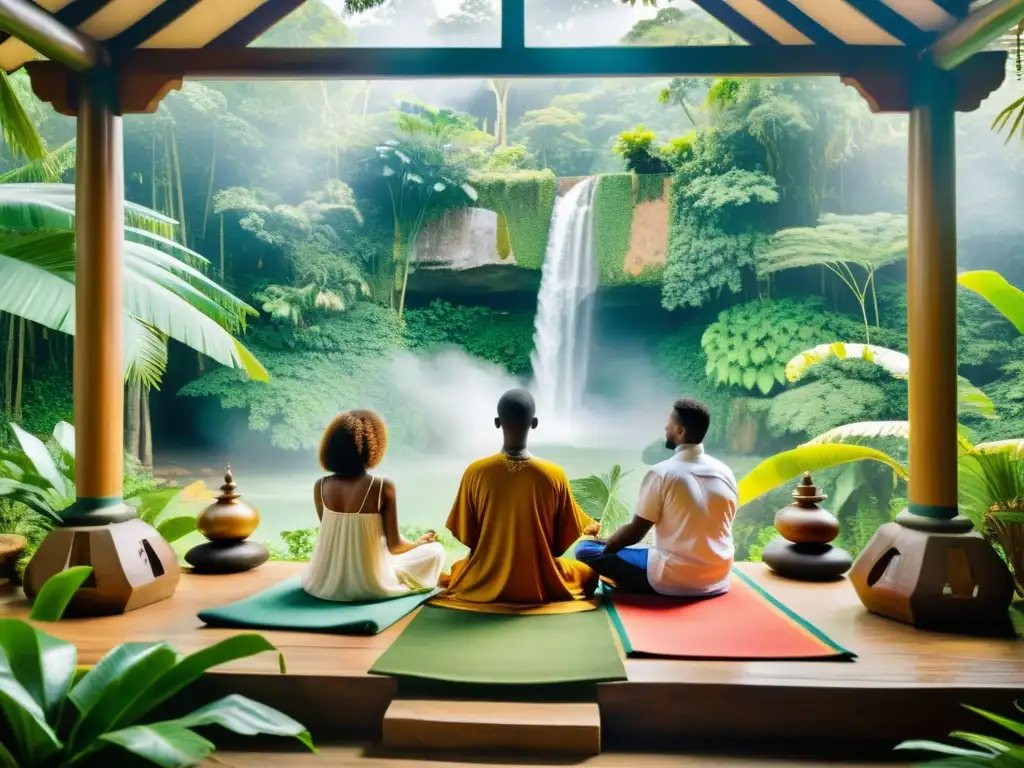 Grupo en meditación en centro de terapias tradicionales en la selva tropical