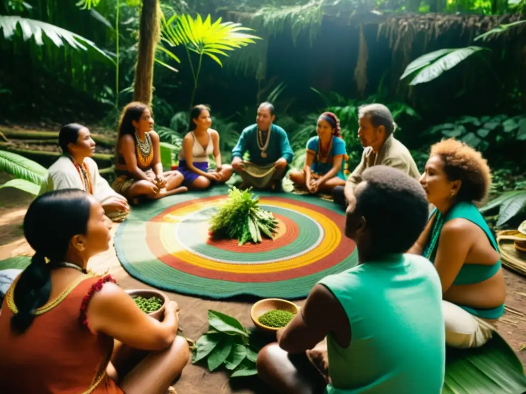 Grupo en ceremonia con chamán amazónico, en medio de plantas y tapices coloridos, en tours inmersión medicina herbal amazónica