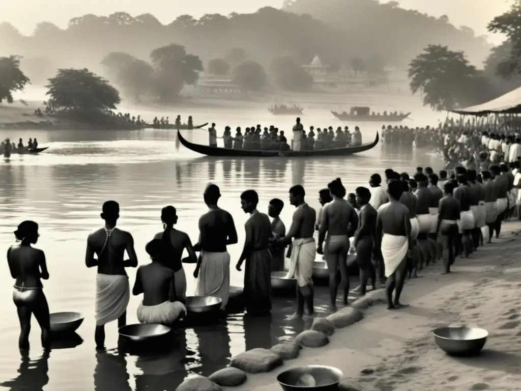 Grupo participa en ceremonia de baño ritual en el río Ganges, rodeados de aura espiritual y tradición cultural