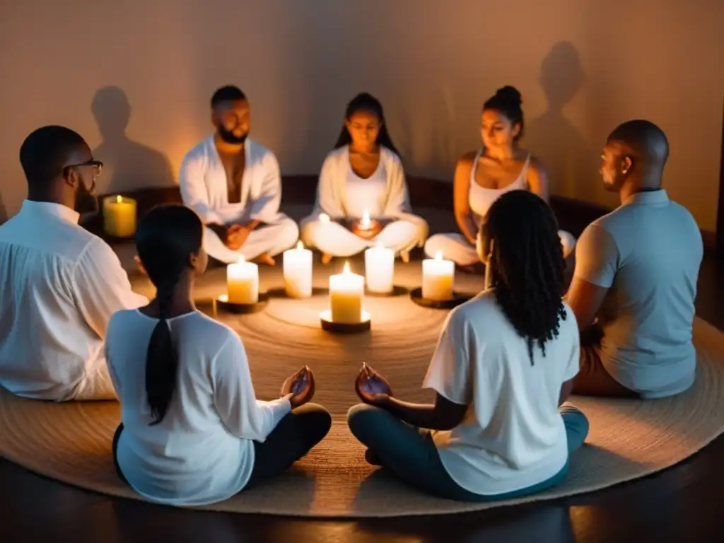 Grupo en ceremonia espiritual con velas, meditando y un chamán