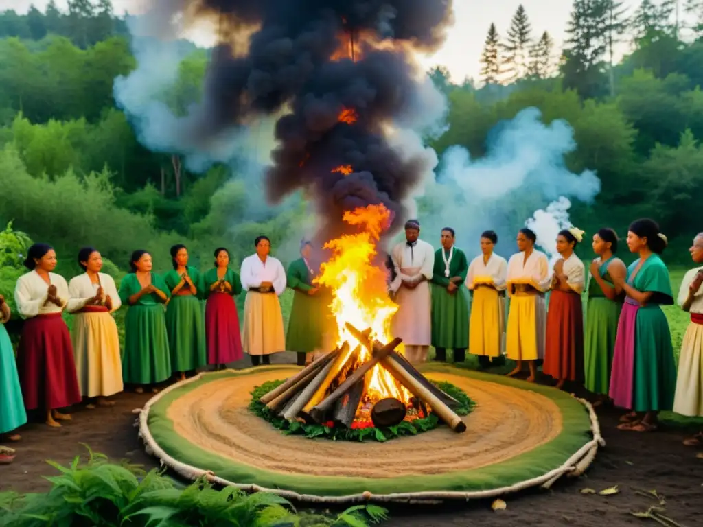 Grupo en ceremonia de festividades y rituales medicina herbal en el bosque exuberante