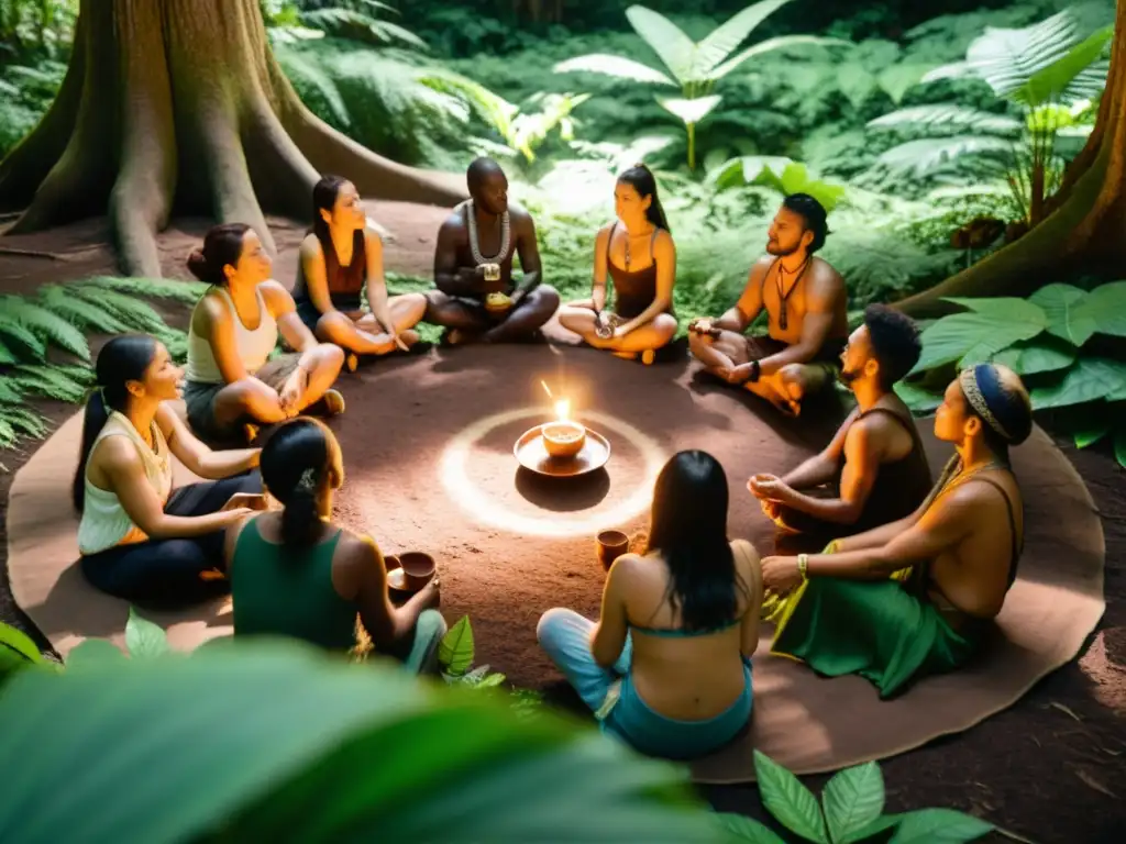 Grupo en ceremonia de sanación con cacao en el bosque, rodeados de naturaleza, luz y energía espiritual