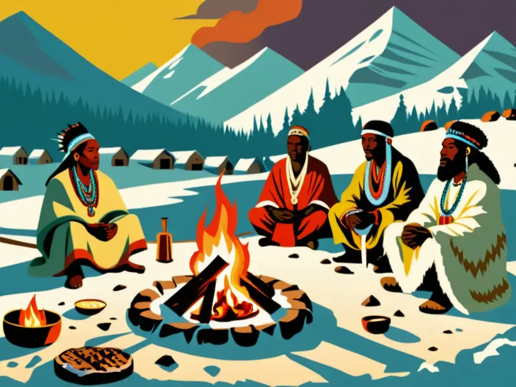 Grupo de chamanes africanos y siberianos realizando rituales curativos alrededor del fuego y en la nieve